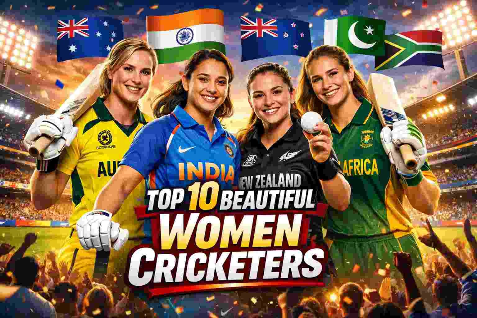 Top 10 beautiful women cricketers in the world including Ellyse Perry, Smriti Mandhana and Amelia Kerr in a cricket stadium collage