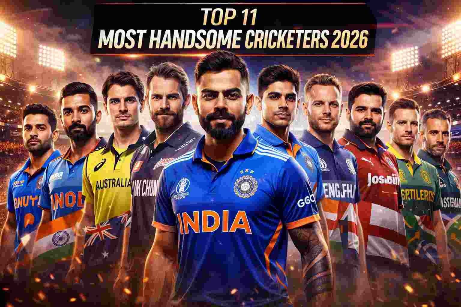 Top 11 most handsome cricketers in the world 2026 featuring Virat Kohli, KL Rahul, Shubman Gill, Pat Cummins and other international cricket stars.