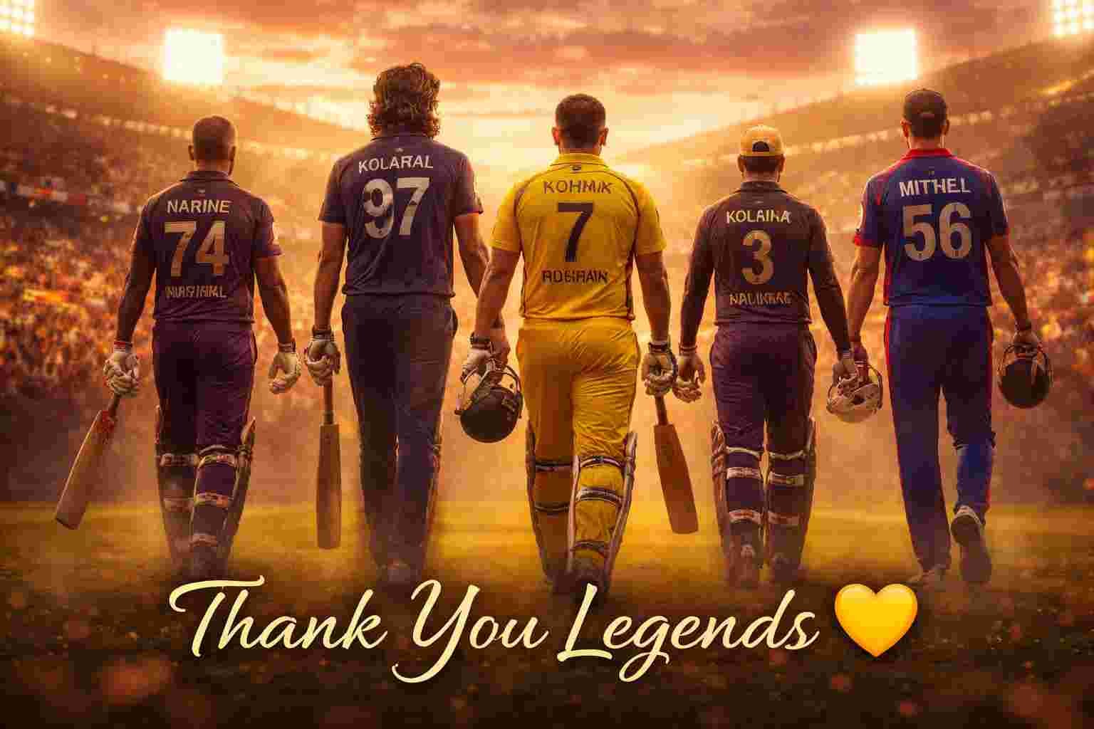 IPL 2026 - Emotional scene of five legendary IPL cricketers walking off the field under dim stadium lights, with MS Dhoni leading ahead and others following in CSK, KKR, GT, and DC jerseys, as a standing crowd applauds in the background with a warm sunset glow creating a nostalgic farewell mood.