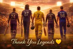IPL 2026 - Emotional scene of five legendary IPL cricketers walking off the field under dim stadium lights, with MS Dhoni leading ahead and others following in CSK, KKR, GT, and DC jerseys, as a standing crowd applauds in the background with a warm sunset glow creating a nostalgic farewell mood.